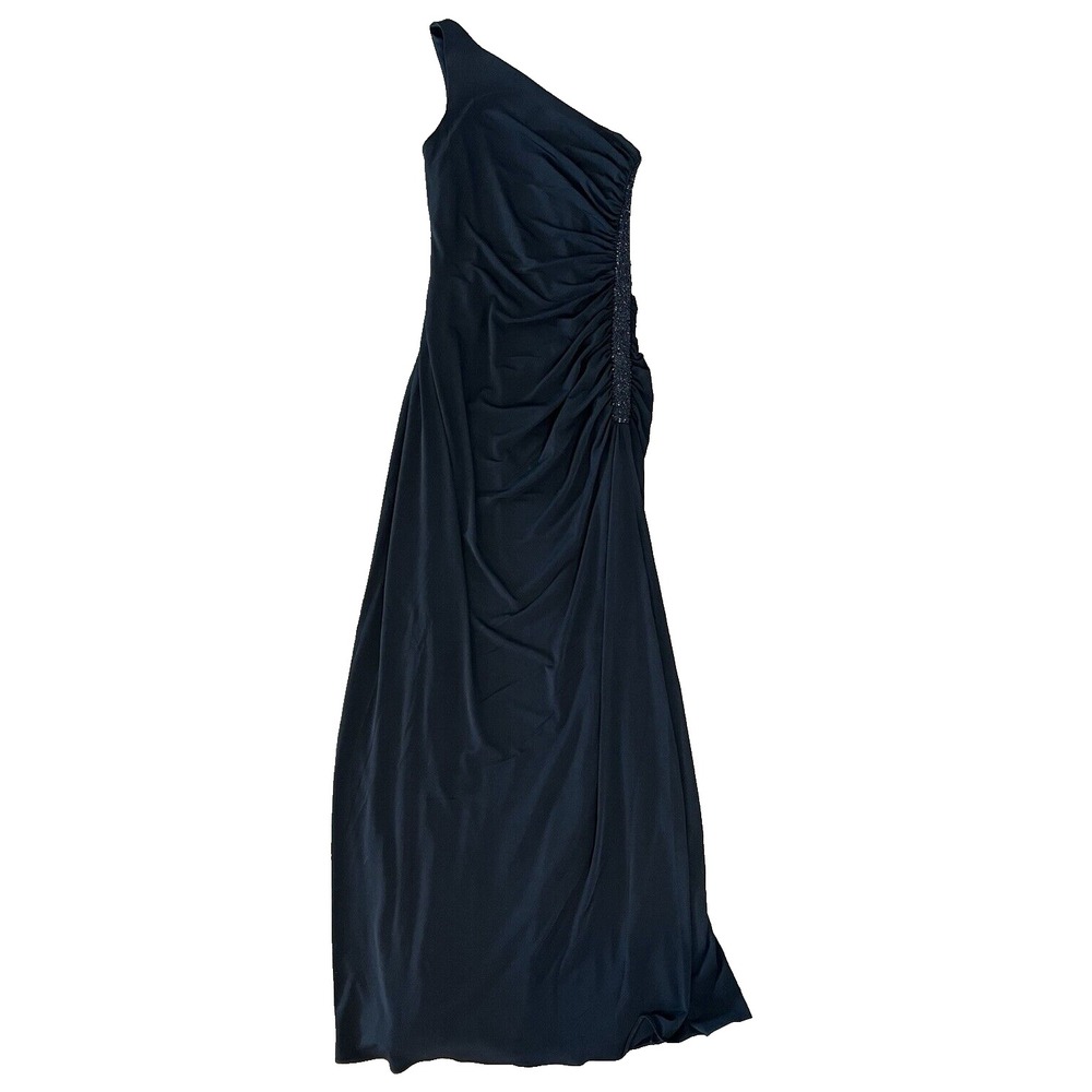 LAUNDRY Dress by SHELLI SEGAL ELEGANT Black Beaded One Shoulder Ruched Maxi‎ 6